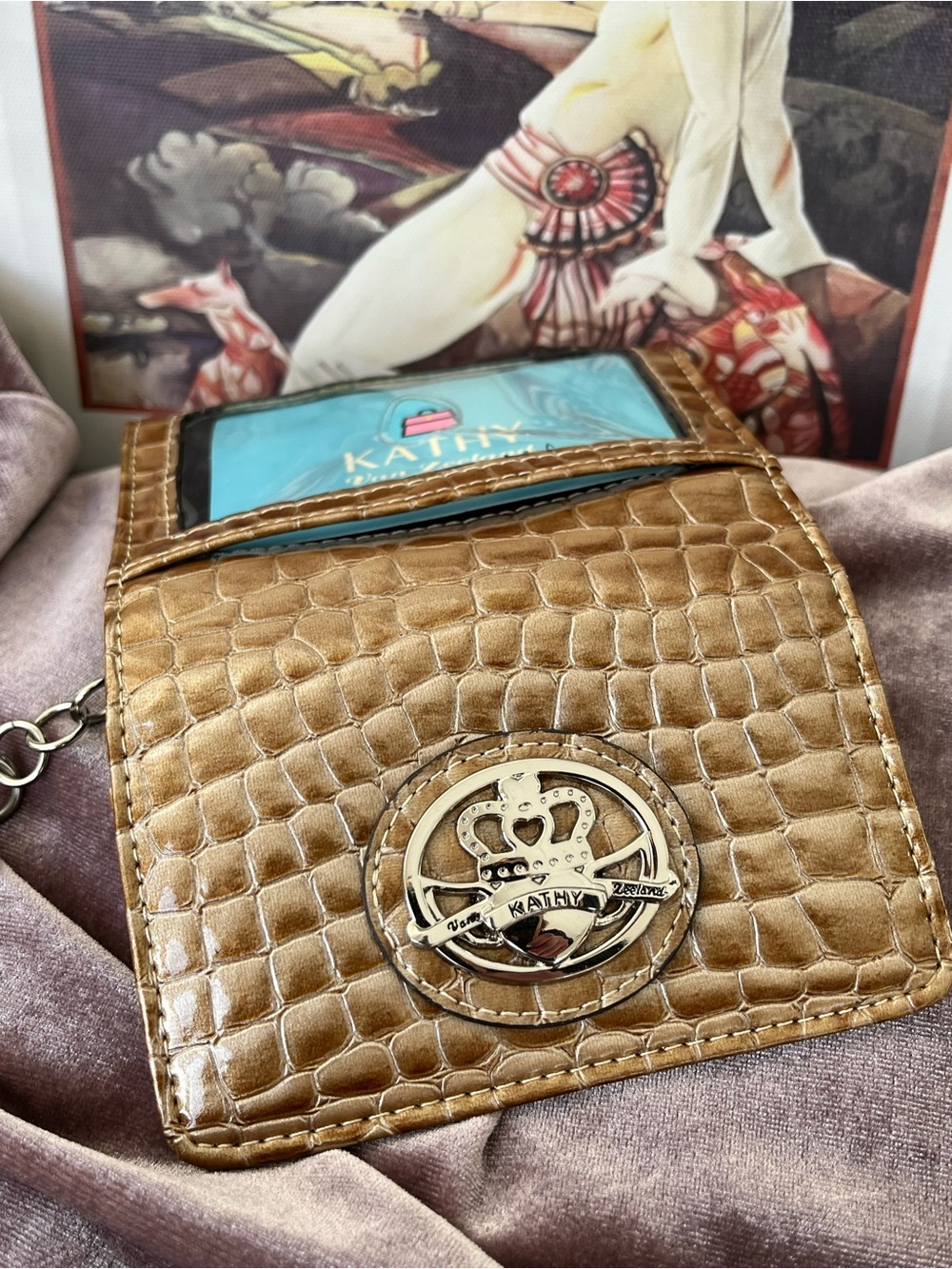 Kathy Van Zeeland Croc-Embossed Key Chain Wallet in Beige with Silver Hardware